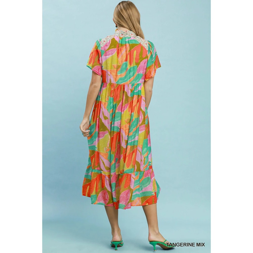 Umgee Abstract Tropical Print Tiered Midi Dress - Tangerine Mix - Large - Picture 3 of 5